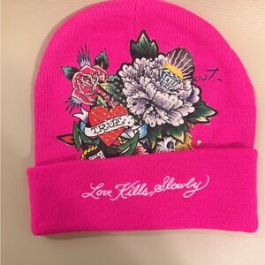 Ed Hardy Pink Beanie with Floral and Heart Design
